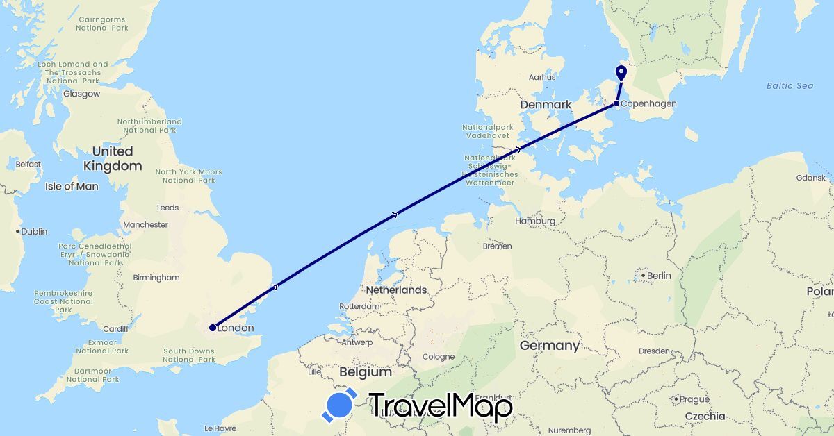 TravelMap itinerary: driving in Denmark, United Kingdom, Sweden (Europe)